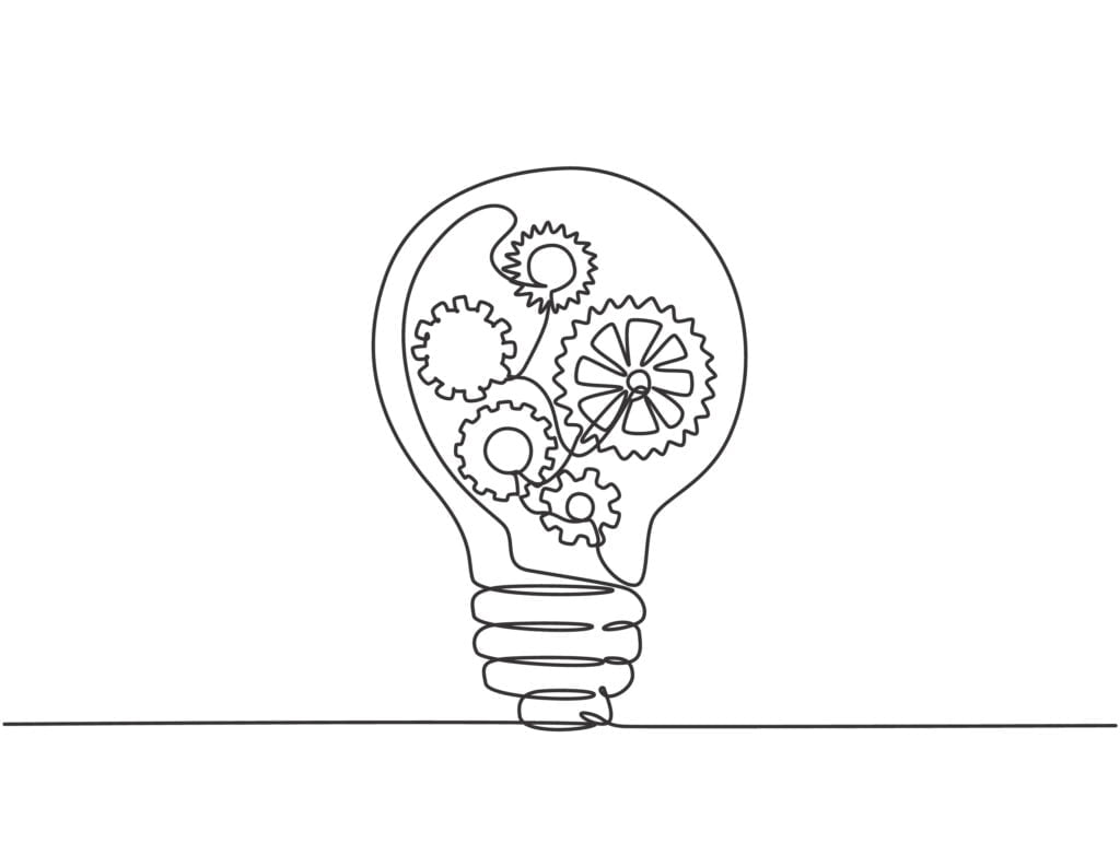 One,Single,Line,Drawing,Of,Lightbulb,With,Metal,Gear,Wheel